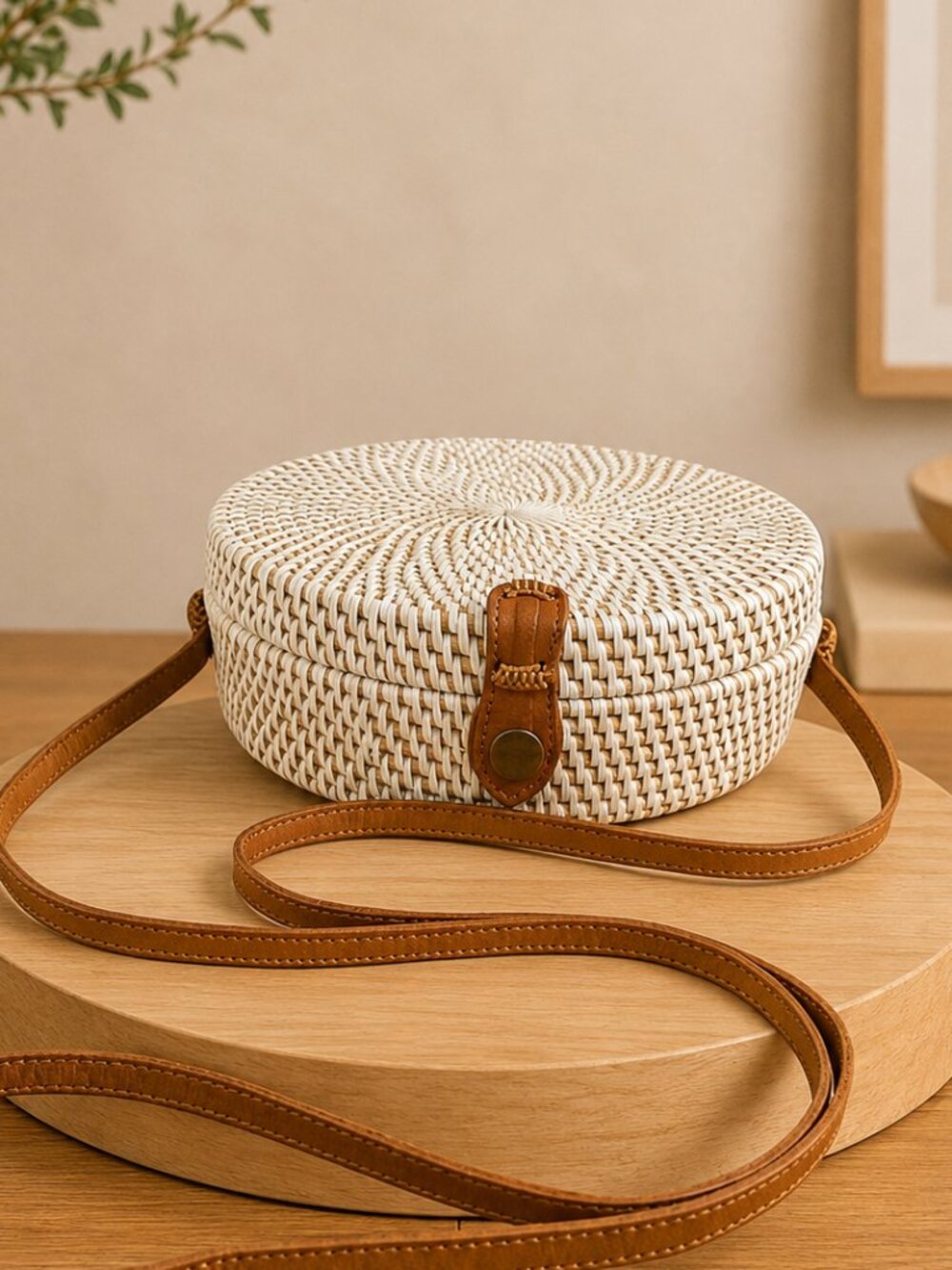 Boho Round Rattan Crossbody Bag Purse White Blue Bali Wicker Straw Beach Summer